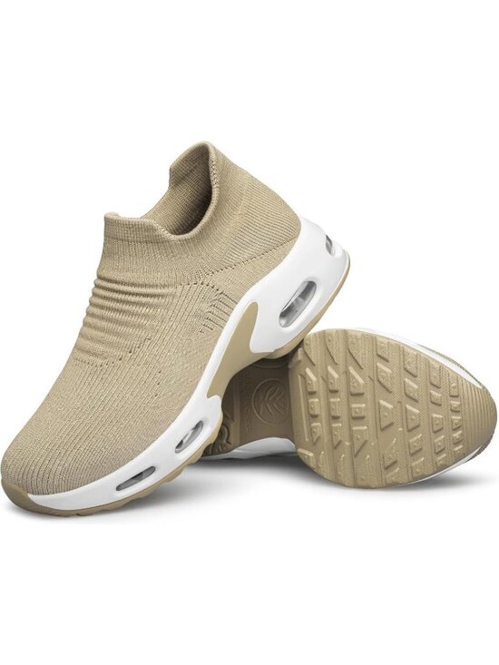 Shoes - Women's Tan Nurse Mesh Cushion Platform Loafers Casual Slip on Sock Sneaker
